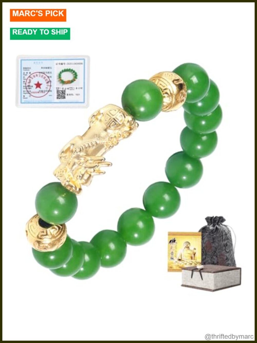 24K Gold Plated Real Jade Pixiu Dragon Good Luck Wealth Feng Shui Stretch